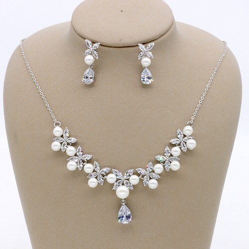 Flower Pearl All Cubic Zirconia CZ Pierced Wedding Party Prom Necklace Earrings - Picture 5 of 5