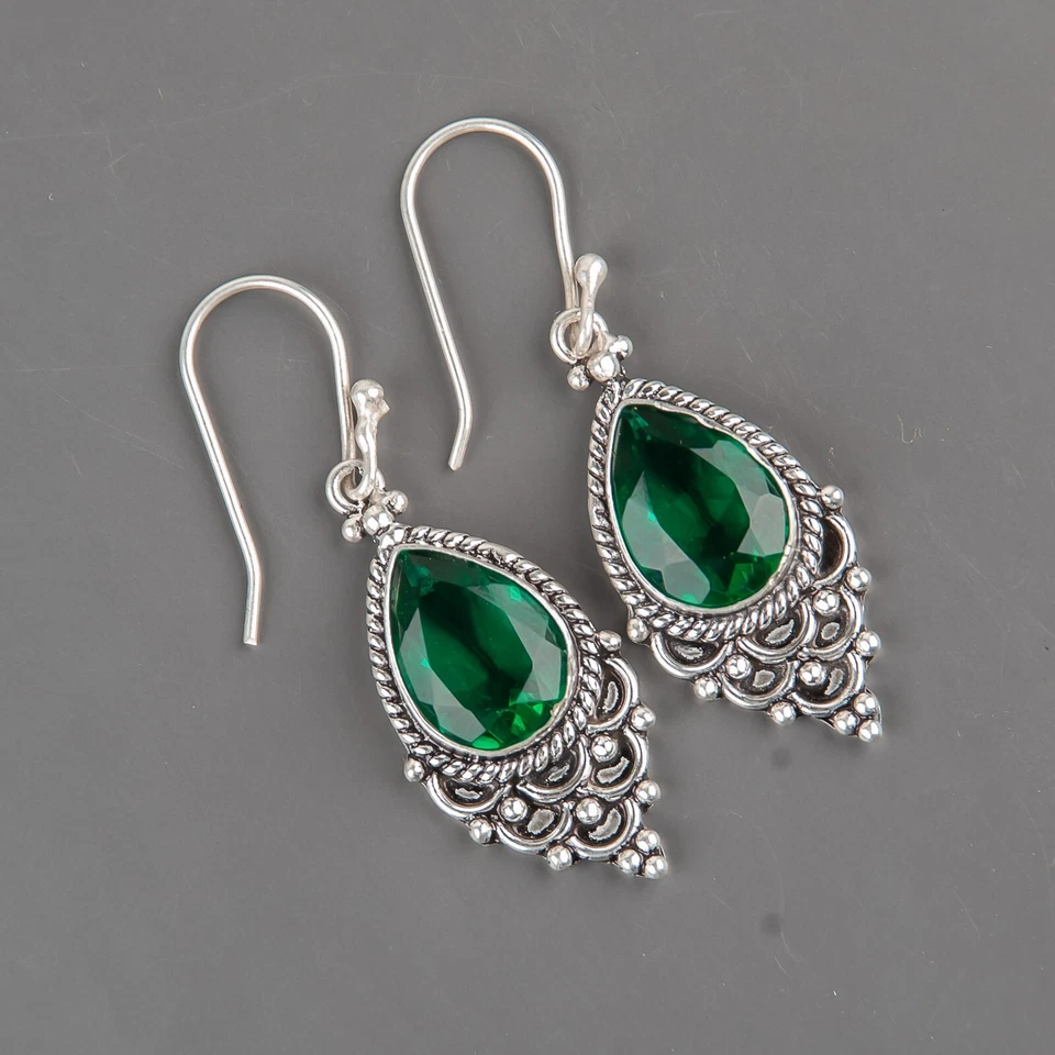 Lab-Created Emerald Gemstone Drop/Dangle Earrings 925 Silver For Women - Image 3 of 4