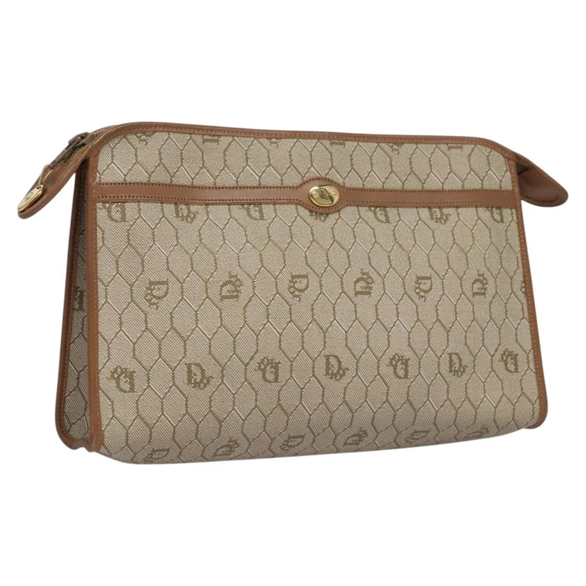 Christian Dior sac pochette toile nid d'abeille PVC cuir beige or authentique ep7407