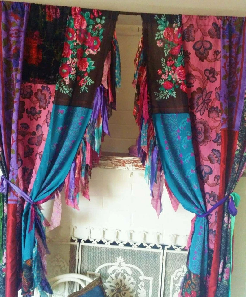 2 Piezas Cortina Sari Indio Patchwork Cortina Decoración Ventana Multi Seda Sari Cortina Foto 3 de 4