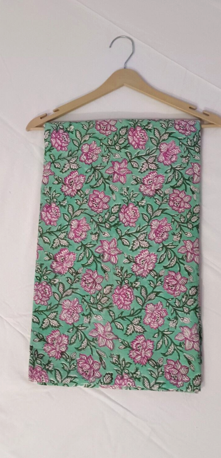 3 Yard Green Floral Indian Cotton Hand Block Print Sewing Fabric