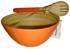 TOMMY BAHAMA  3-PC SET Wood Grain Melamine Orange Large Bowl Spoon & Fork Server