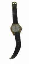 Vintage Timex Women's Round Gold Tone Quartz Watch Brown Leather Band