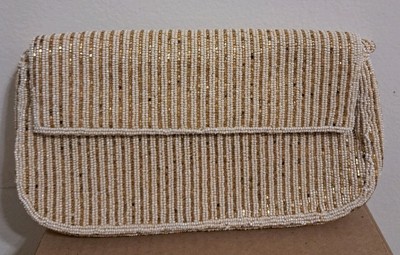 Carlo Fellini Beige Beaded Hand Bag With Gold Embellisments