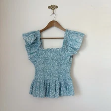 Love the Label Smocked Floral Peasant Top Medium Cottage Blue Anthropologie