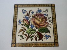 ANTIQUE HAND PAINTED FLOWER ORNATE FLORAL ART NOUVEAU TILE