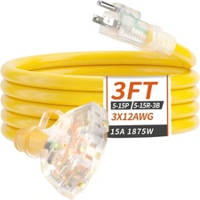 3 FT 12/3 Gauge Outdoor Extension Cord with Multiple Outlets Light Indicator, Fl
