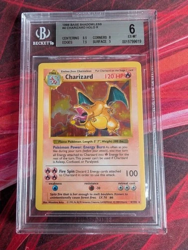 1999 Pokemon Base Set Charizard Shadowless Holo Rare Card 4/102 BGS 6 EX-MT