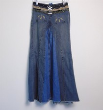 Vtg Women's DOLLHOUSE Patchwork Beaded Denim Maxi Skirt Size 1/2