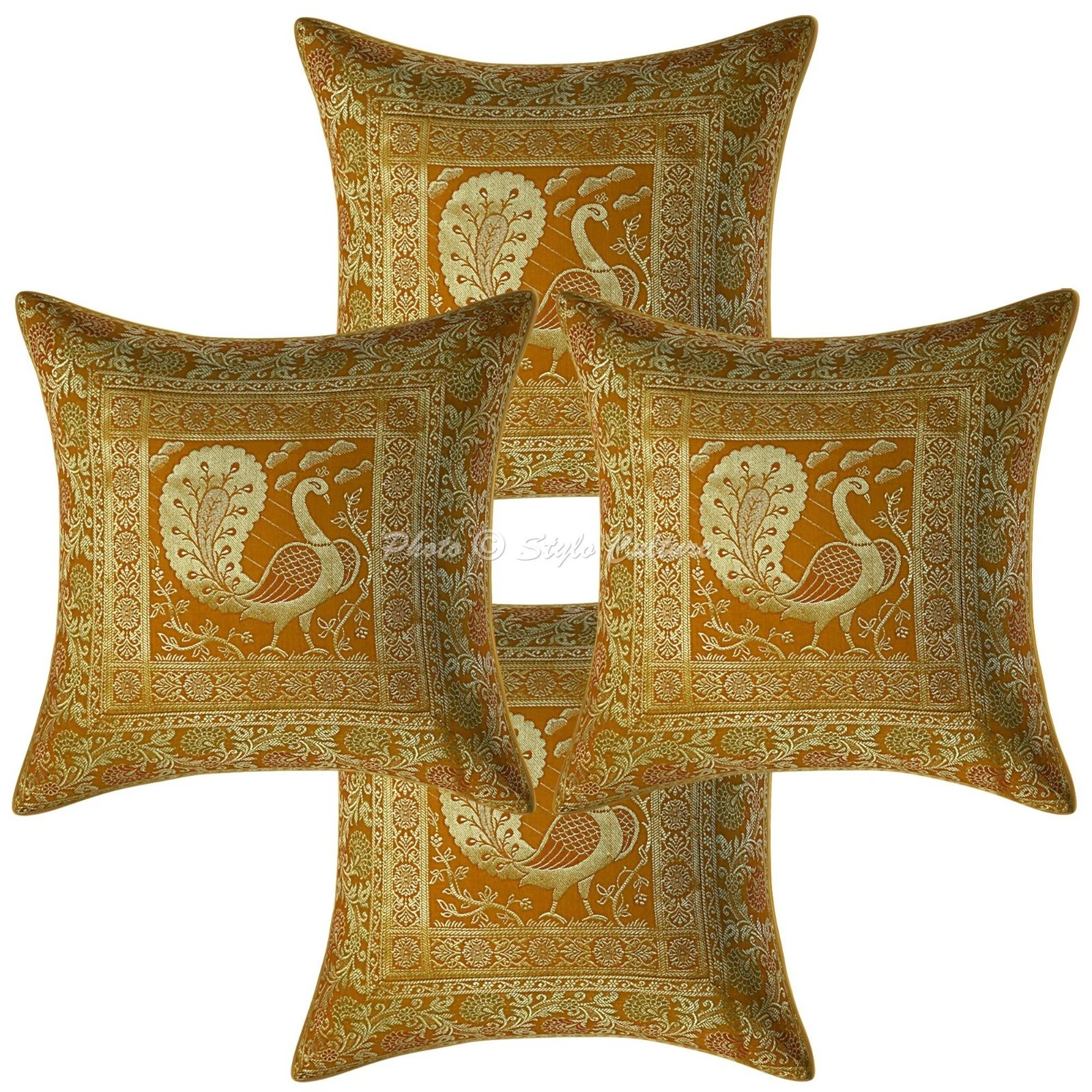 Decorative Brocade Throw Pillow Covers Jacquard Yellow Peacock Pillowcases