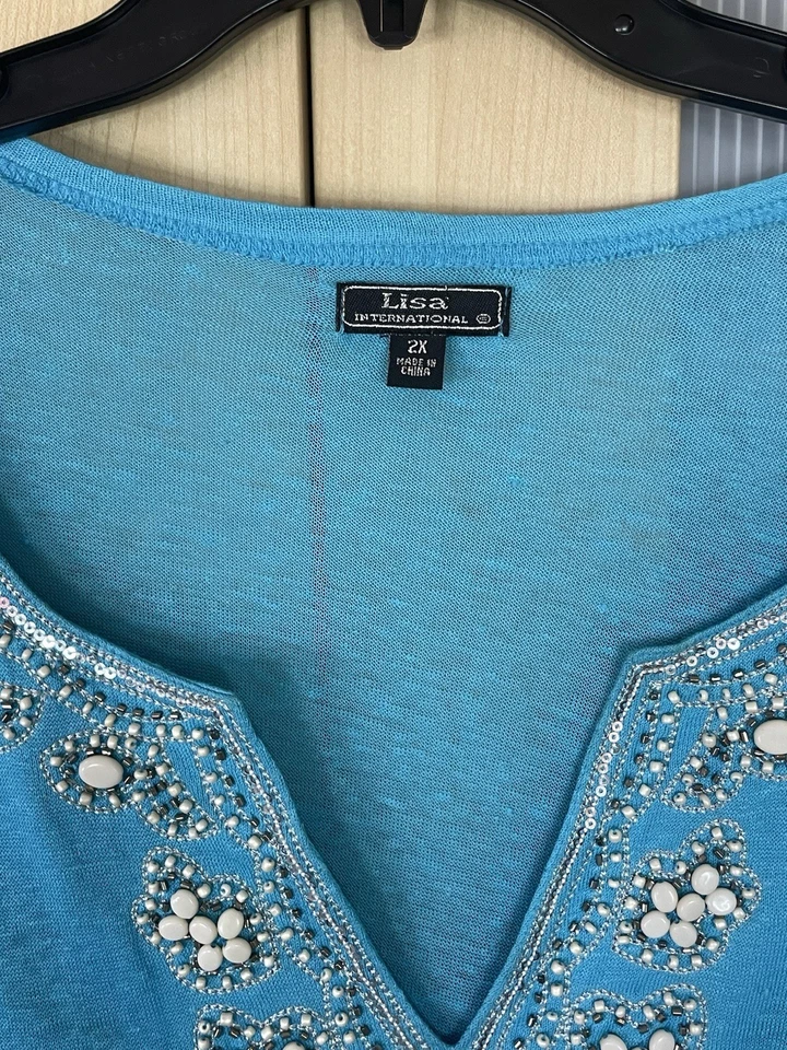 Blusa suéter con cuentas informal verano LISA International para mujer de lino talla XXL Foto 3 de 4