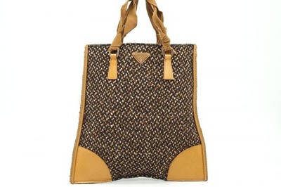 PRADA Tweed Handbag Tote Triangle Logo Plate Slim Wool Leather Brown 6714h
