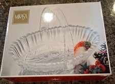 Mikasa Winter Dreams Holiday Etched Deer Crystal Glass Basket Dish w/Handle 9.5 