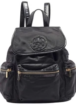 Tory Burch Black Nylon Logo Backpack Drawstring Flap Gold Hardware