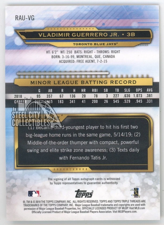 Vladimir Guerrero Jr. 2019 Topps Triple Threads Rookie Autograph Card 14/25 - Image 2 of 2