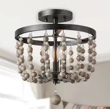 LNC Distressed Wood & Brushed Black Beaded Led Semi-Flush Mount Light Chandelier
