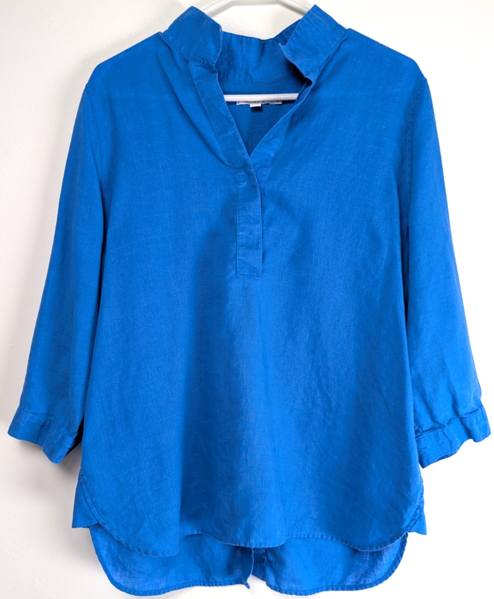 Chico's Womens 100% Linen Button Back Popover Top Size 8 Blue Vacation Resort
