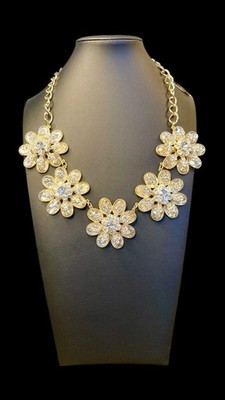 Gold Toned Crystal Flower Statement Necklace Missing Rhinestones -205
