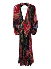 Farm Rio Diagonal Scarves Button Down Maxi Dress Boho Colorful Size XS