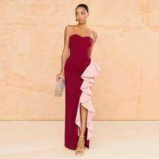 Strapless Evening Dress  Mermaid Evening Gowns Front Split Ruffles Floor Length