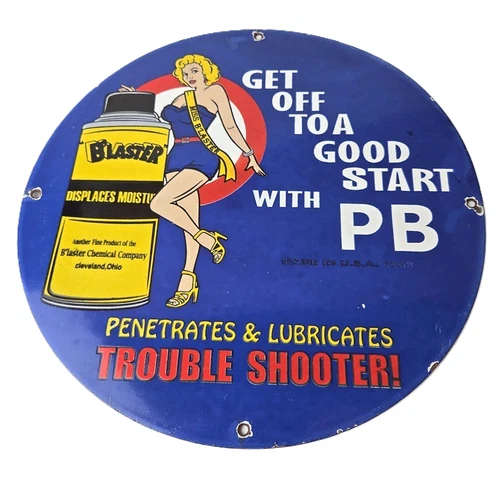 Vintage Lubricant Sign - Pin Up Trouble Shooter Porcelain Gas Service Sign