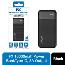 FX 10000mAh Power Bank Type C 3A Fast Charge Portable Charger Black UK