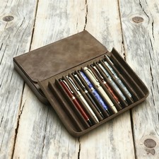 Gray Leather 12 Slots Hard Fountain Pen Case Storage Box Removable Pen Tray