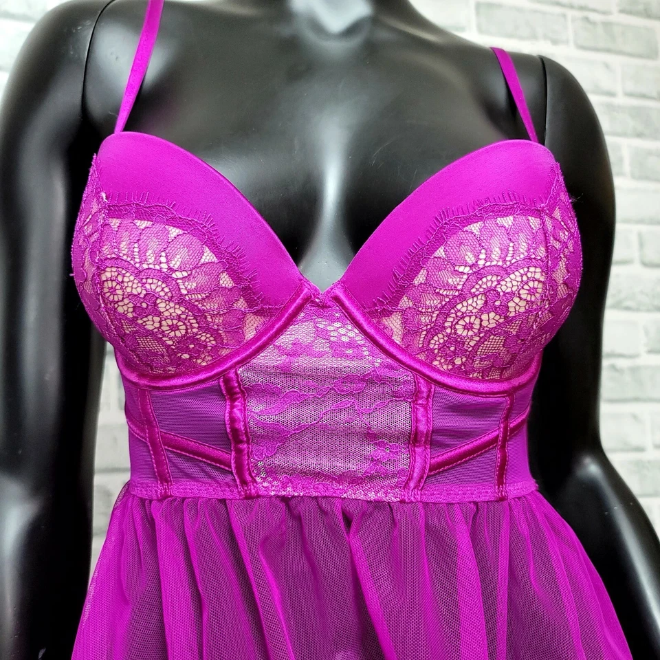 Victoria's Secret Púrpura Encaje Malla Babydoll Lencería Camisón Transparente Talla 34C Nuevo con Etiquetas Foto 3 de 4