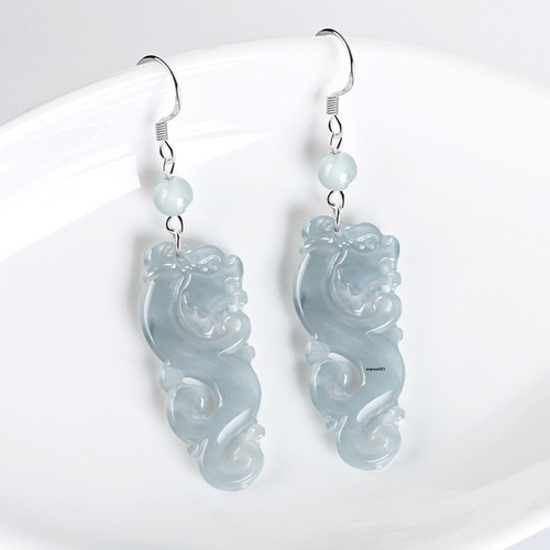 Natural Grade A Jade Jadeite 925 Sterling Silver Women Dragon Dangle Earrings - Picture 2 of 8