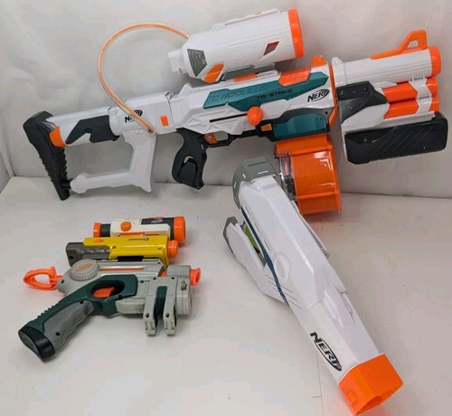 NERF Gun Modulus Tri-Strike Blaster Lot W/CS-25, Pistol Stock, Blasters & Scope