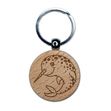 Cheery Spotted Narwhal Engraved Wood Round Keychain Tag Charm