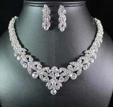 FLORAL CLEAR AUSTRIAN RHINESTONE CRYSTAL NECKLACE EARRINGS SET BRIDAL PROM N1601