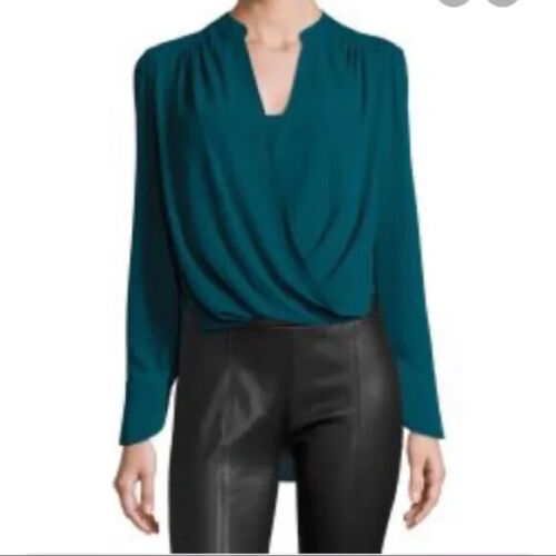$158 BCBG "Jaklyn"  long sleeve draped front top blouse - dark teal - sz S small - Picture 1 of 9