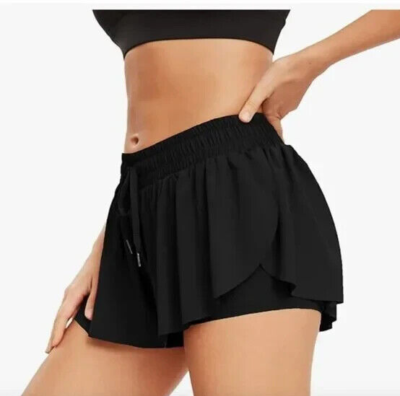 Toflowytour Women's Flowy Athletic Shorts - High Waist Gym Yoga Running Skort, Black Medium