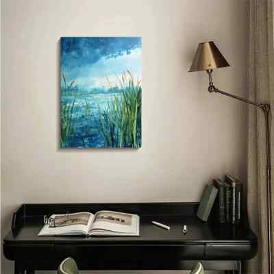 Emerald Water Grass Meadow Painting Metal Print Ready to Hang