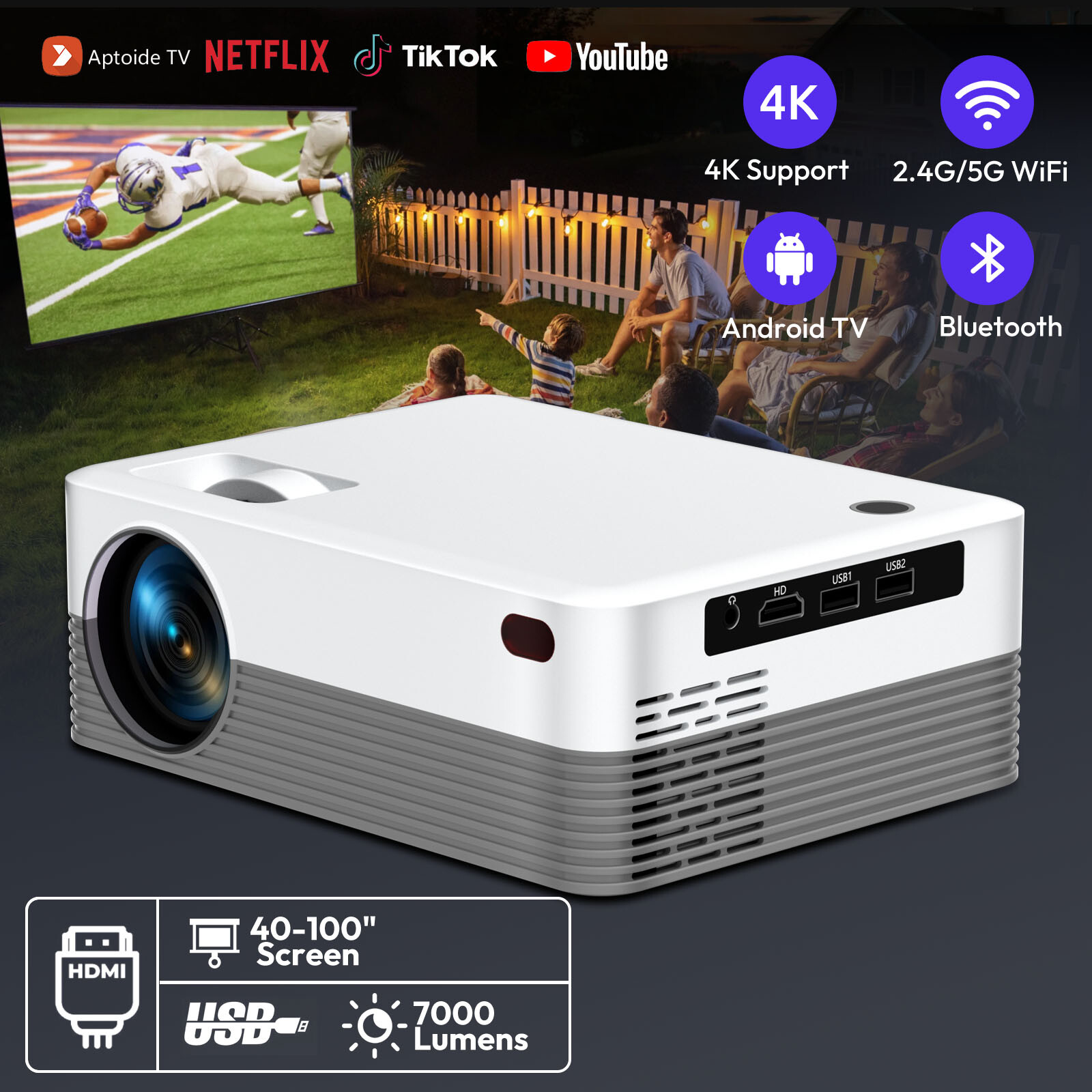Portable Smart TV Projector Support 4K 5G WiFi6 Bluetooth Office Electic Focus-image