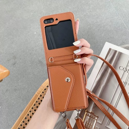 Leather Lanyard Case For Samsung Galaxy Z Flip6 Flip5 Flip4 3 Card Wallet Cover - Picture 19 of 22