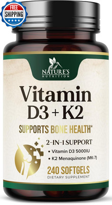 Vitamin D3 K2, 5000 IU Vitamin D3 & 100 Mcg Vitamin K2 MK-7 Supplement Supports 