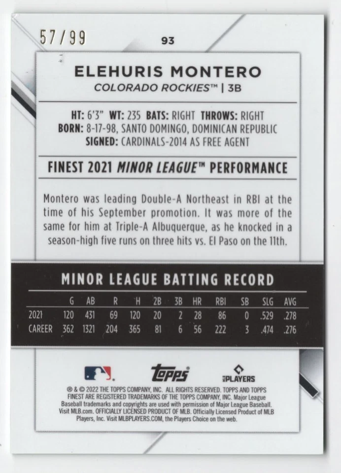 2022 TOPPS FINEST GREEN /99 Elehuris Montero - Albuquerque Isotopes #199 - Image 2 of 2