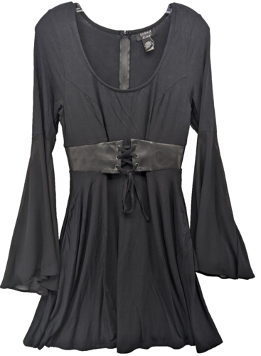 Robe noire à thème chaud aura cosmique faux cuir corset manches mousseline de soie taille S - Photo 1/7