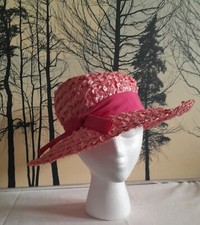 Vintage Mid Century Pink Hat w/ Ribbon Ladies Fashionable Summer Garden Sun Hat
