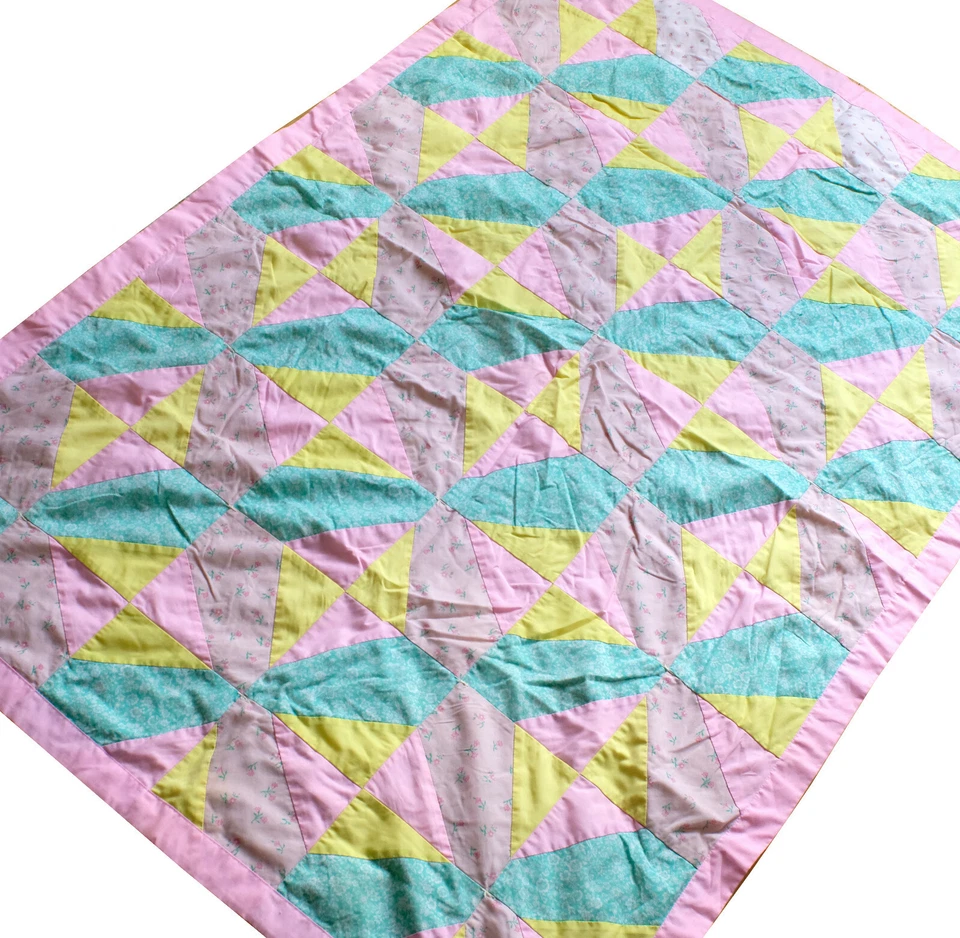 Quilt Patchwork Blanket Hand Made Pastel Colors Geometric Crib Picnic Sz Vintage - Image 2 of 4