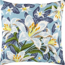 Needlepoint/Tapestry vintage throw pillow cover "WHITE LILIES" embroidery kit.