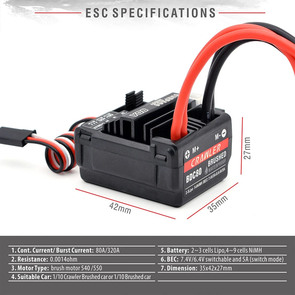 SURPASSHOBBY 80A Brushed ESC for 3-Slot 550 Motor fr RC Car Wltoys 144001 124019 - Image 4 of 4