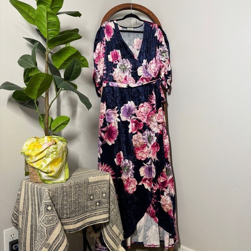 Kiyonna 3X Cara Blue Pink Floral Velvet Wrap Maxi Dress NEW