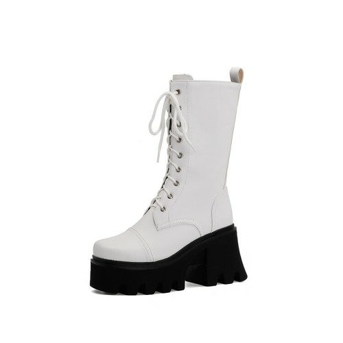 Women's Punk Zip Chunky Block Heels Riding Boots Lace Up Platform Mid Calf Boots - Picture 9 of 13