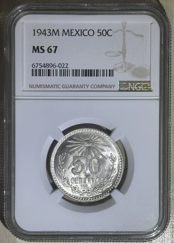 Mexico 1943 - M 50 Centavos Silver Coin ChBU Uncirculated Unc NGC MS 67 KM# 447