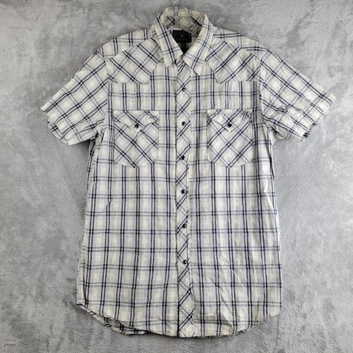 Lucky Brand Latzhose Hemd Herren creme blau kariert Perlen Druckknopf Kurzarm Western