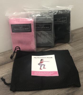 3 Pc Cloth Resistance Booty Bands Home Workout Light, Medium & Heavy w/Mesh Bag