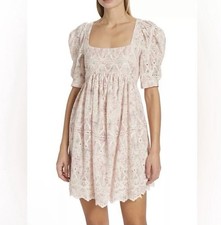 En Saison Kiera Pink Mini Dress Embroidered Puff Sleeve Empire Waist Sz L boho